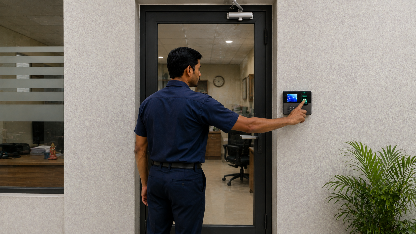 Management staff using a face biometric access device at the staff entrance