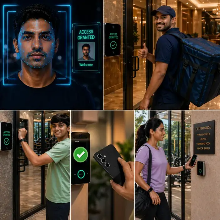 SmartAccessHub collage showing face recognition, resident entry, visitor access, and clubhouse mobile pass
