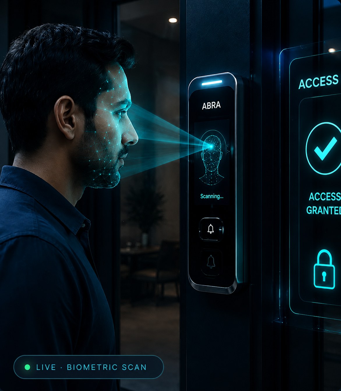Resident using ABRA biometric activation for tower lobby access