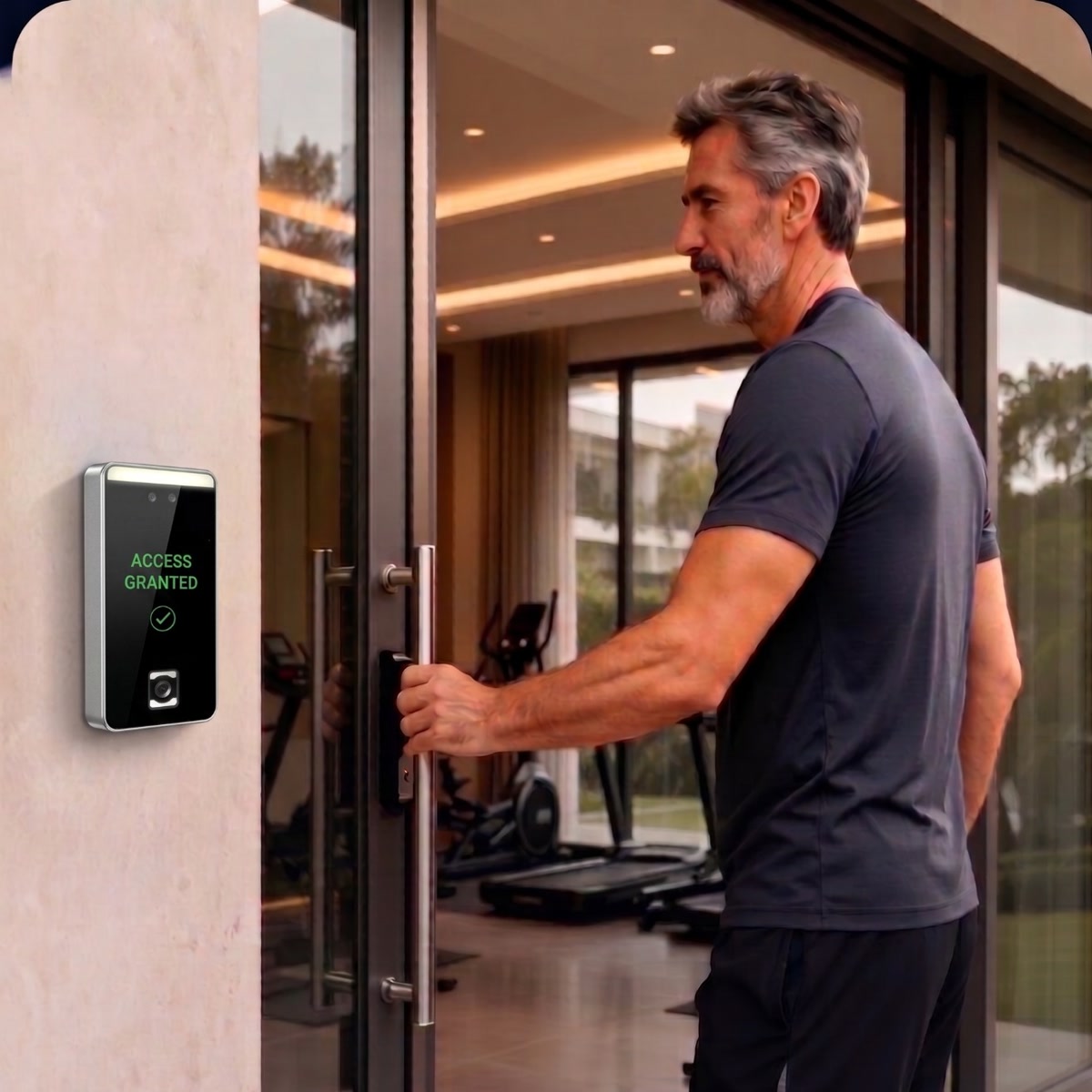 Resident approaching an SmartAccessHub device for seamless face-based entry