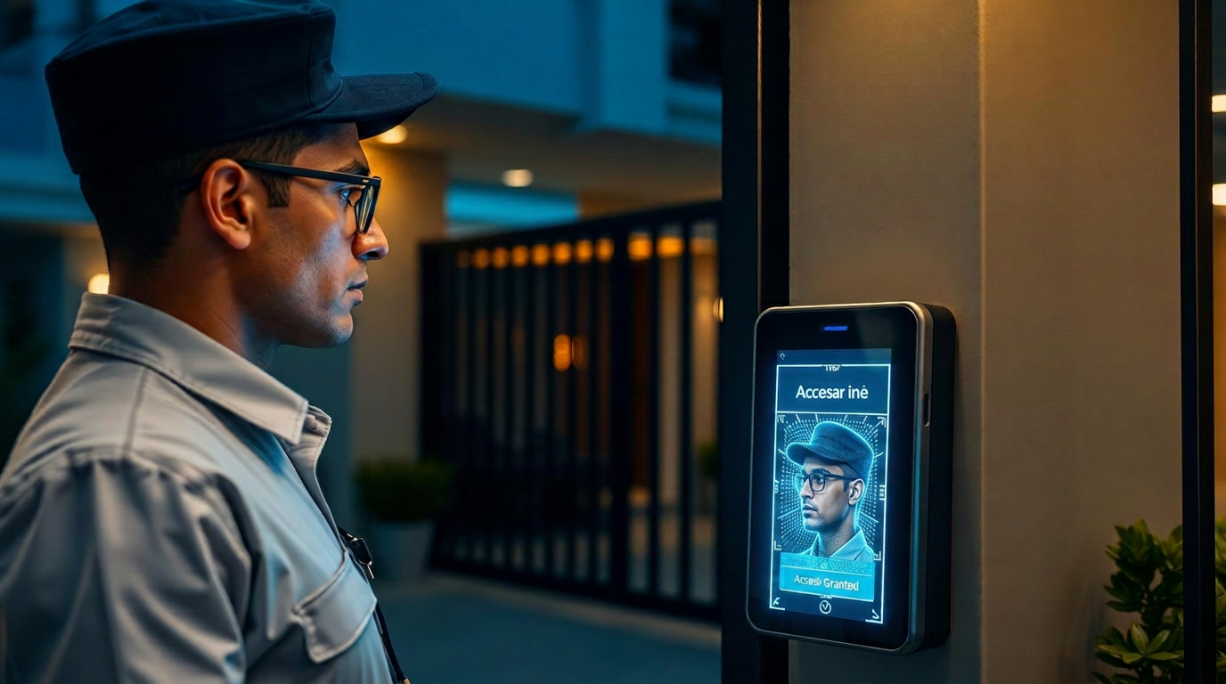 Community staff member using a face biometric attendance device at the staff entrance