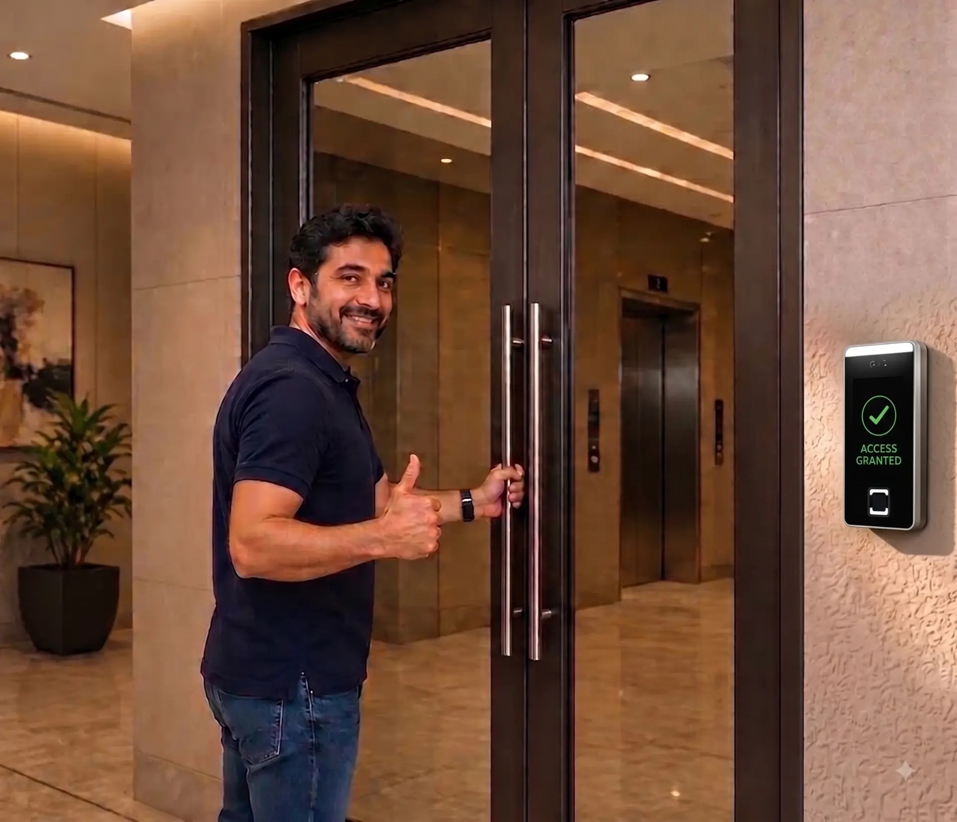 Modern flap turnstile gate opening with a green LED at a residential lobby