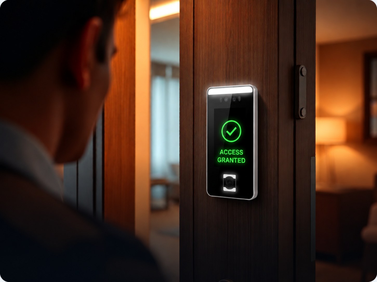 Person presenting face to a wall-mounted biometric reader at an apartment door
